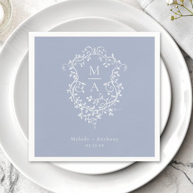Dusty Blue Elegant French Floral Crest Wedding Napkins (Creator Uploaded)
