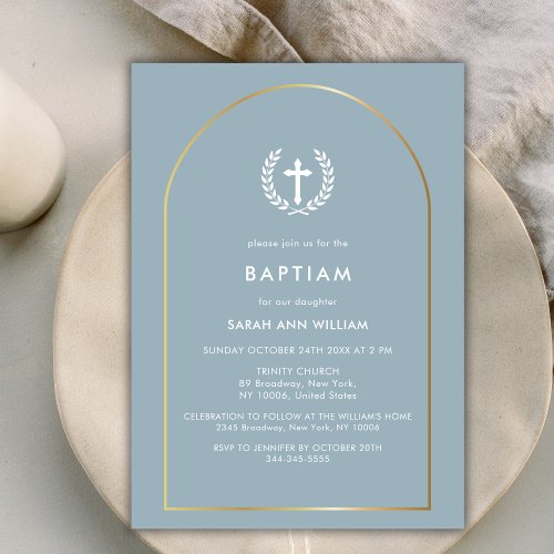 Dusty Blue Elegant Gold Arch Wreath Cross Baptism Invitation