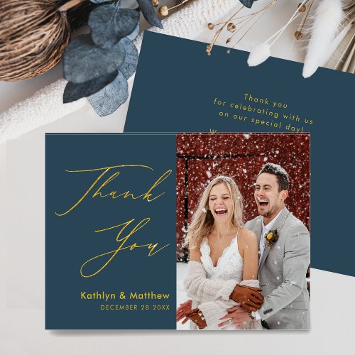 Dusty Blue Elegant Gold Script Modern Wedding Thank You Card