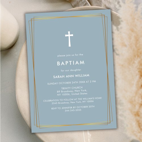 Dusty Blue Elegant Gold Typography Cross Baptism Invitation