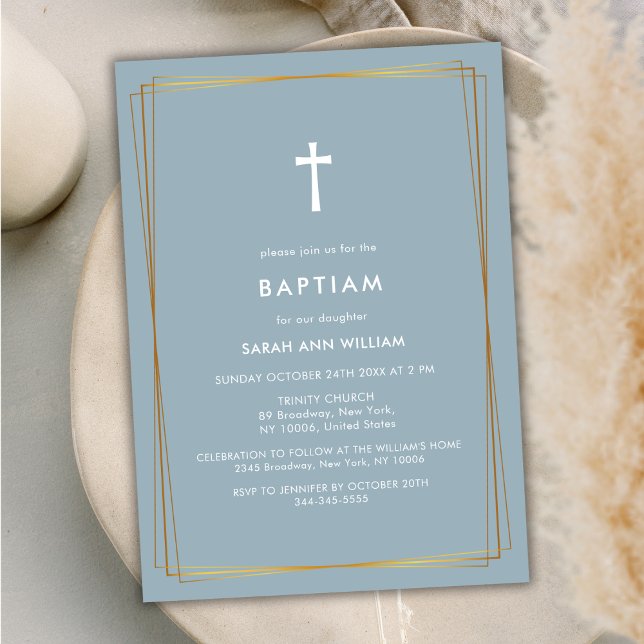 Dusty Blue Elegant Gold Typography Cross Baptism Invitation (Dusty Blue Elegant Gold Typography Cross Baptism Invitation)