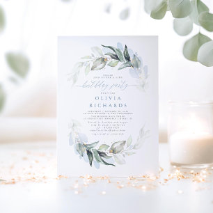 Dusty Blue Elegant Greenery Birthday Party Invitation