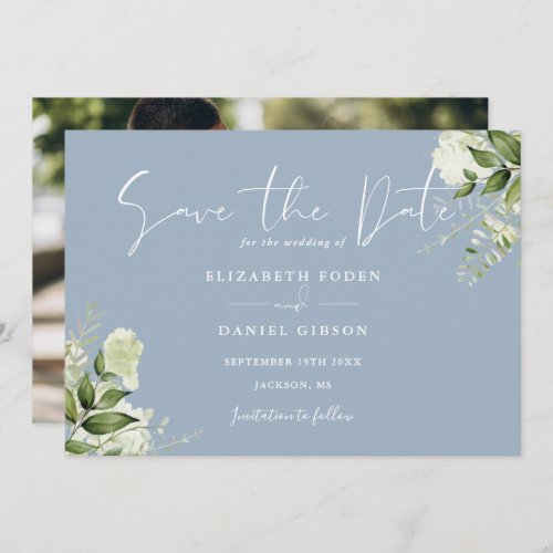 Dusty Blue Elegant Greenery Floral Photo Wedding Save The Date