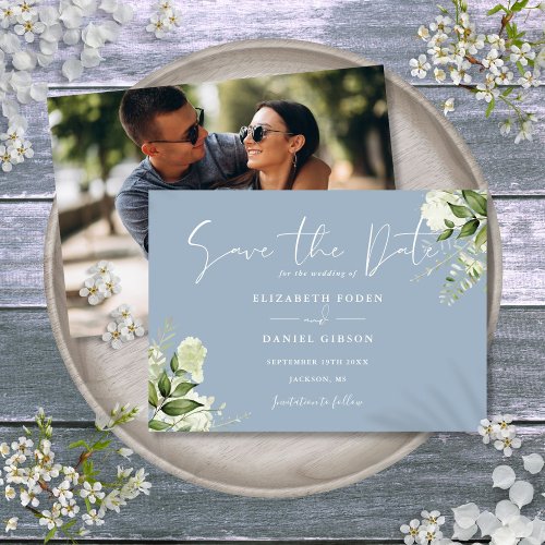 Dusty Blue Elegant Greenery Floral Photo Wedding Save The Date