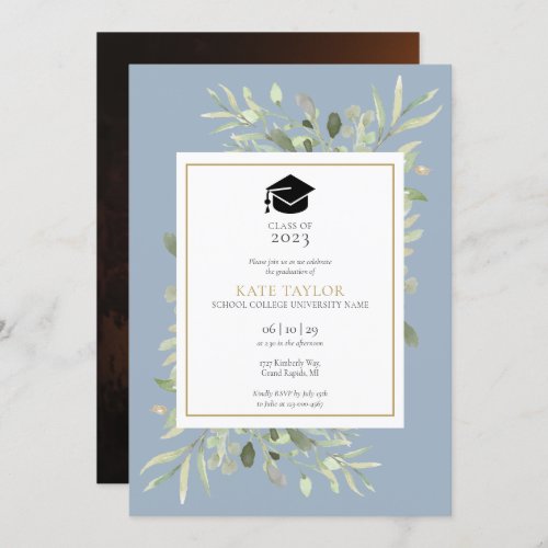 Dusty Blue Elegant Greenery Photo Graduation Party Invitation