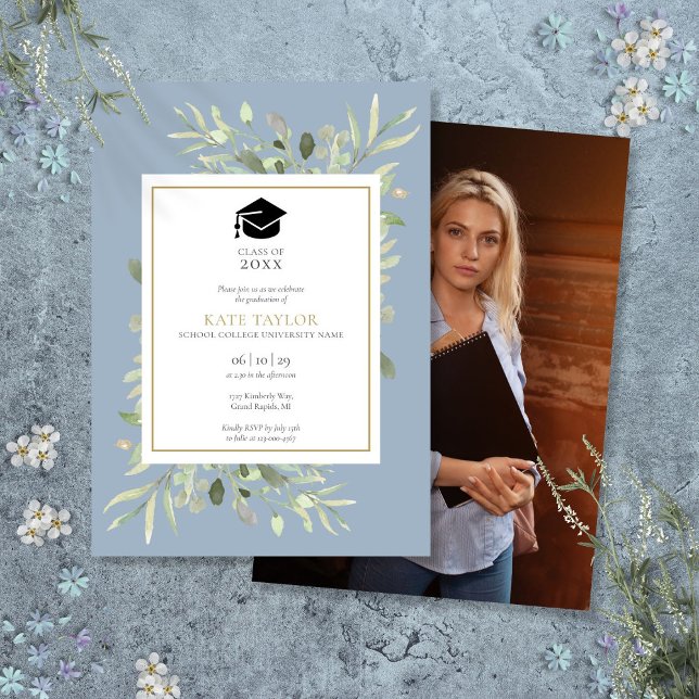 Dusty Blue Elegant Greenery Photo Graduation Party Invitation (Dusty Blue Elegant Greenery Photo Graduation Party Invitation)