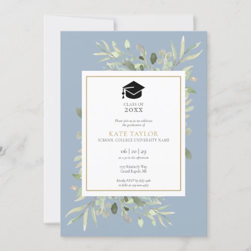 Dusty Blue Elegant Greenery Photo Graduation Party Invitation