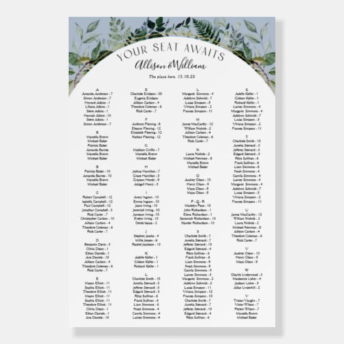 Dusty Blue elegant Greenery wedding seating chart Foam Board