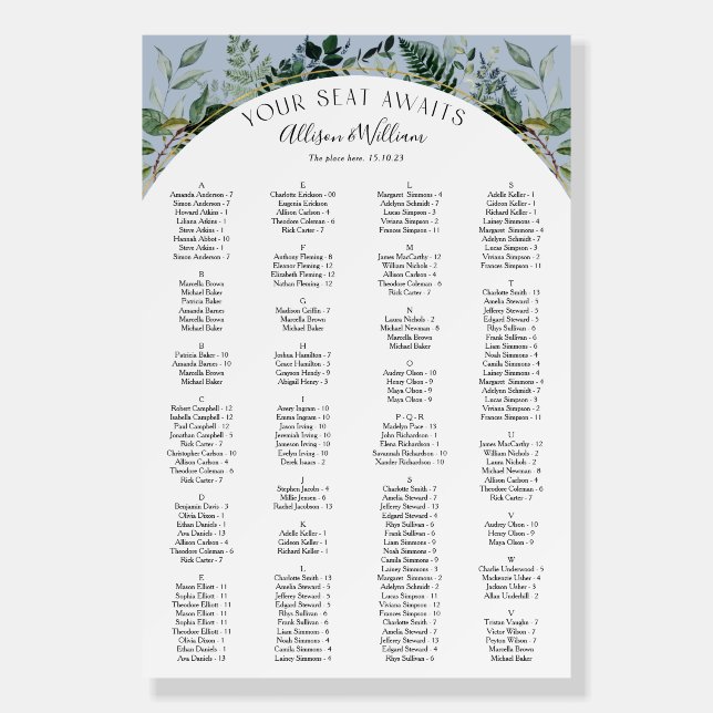 Dusty Blue elegant Greenery wedding seating chart Foam Board (Front)