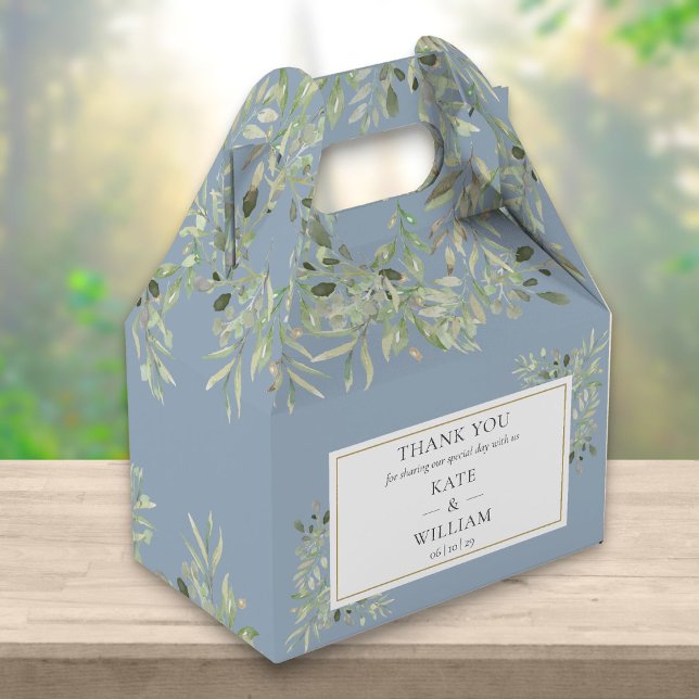 Dusty Blue Elegant Greenery Wedding Thank You Favor Boxes (Creator Uploaded)