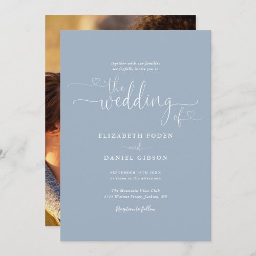 Dusty Blue Elegant Hearts Script Photo Wedding Invitation - This elegant wedding invitation can be personalized with your celebration details set in chic typography on a dusty blue background and your special photo on the reverse. Designed by Thisisnotme©