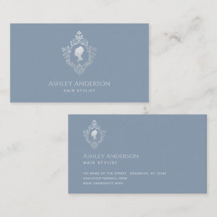 Dusty Blue Elegant Lady Vintage Crest Faux Silver Business Card