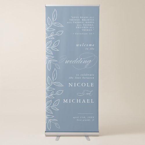 Dusty Blue Elegant Leaf Bible Verse Wedding Retractable Banner
