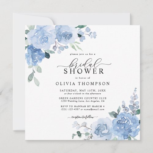 Dusty Blue Elegant Light Botanical Bridal Shower Invitation