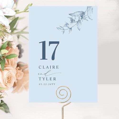 Dusty Blue Elegant Minimal Botanical Wedding  Table Number