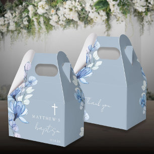 Dusty Blue Elegant Modern Floral Baptism Favor Boxes