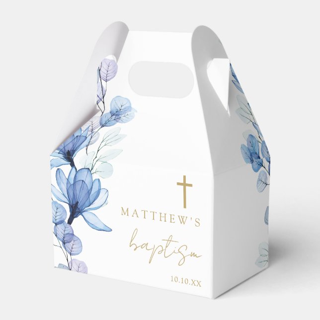 Dusty Blue Elegant Modern Floral Baptism Favor Boxes (Front Side)