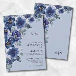 Dusty Blue Elegant Modern Floral Wedding Invitation