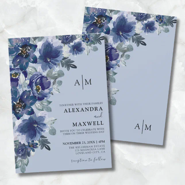 Dusty Blue Elegant Modern Floral Wedding Invitation | Zazzle