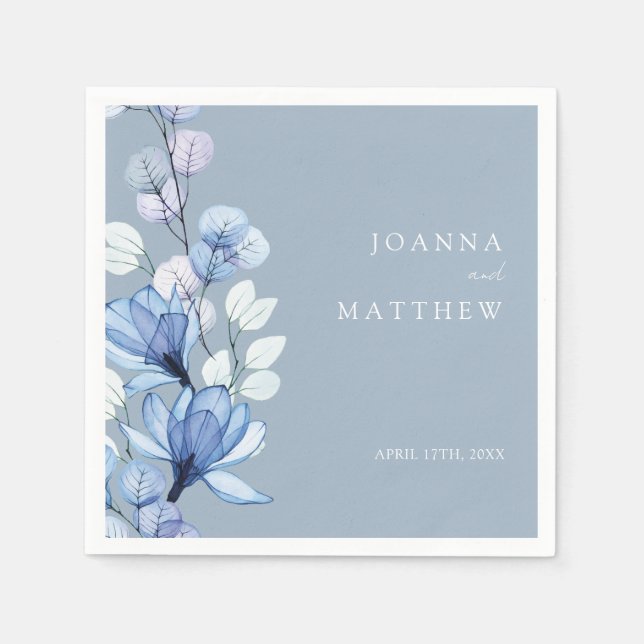 Dusty Blue Elegant Modern Floral Wedding Napkins (Front)