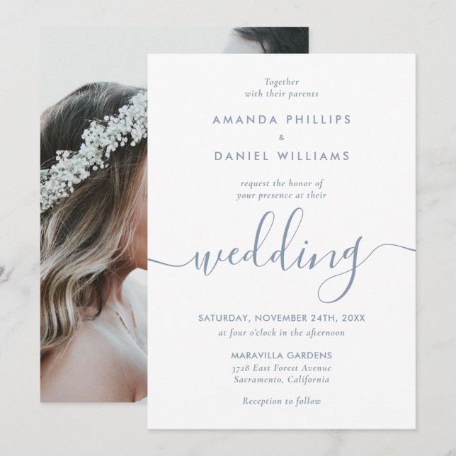 Dusty Blue Elegant Modern Script Photo Wedding Invitation (Front/Back)