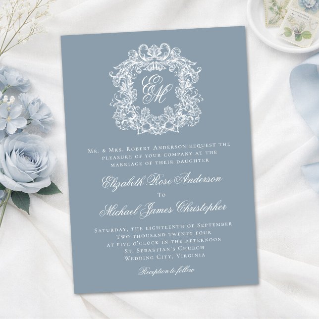 Dusty Blue Elegant Monogram Crest Wedding Invitation (Creator Uploaded)
