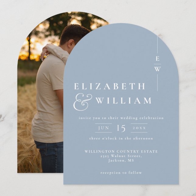 Dusty Blue Elegant Monogram Photo Wedding Arch Invitation (Front/Back)