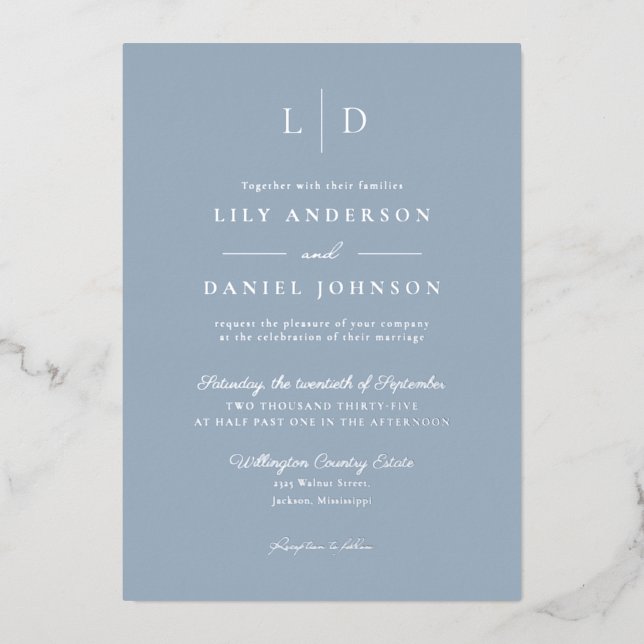 Dusty Blue Elegant Monogram QR Code Wedding Foil Invitation (Front)