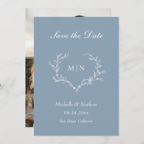 Dusty Blue Elegant Monogram Save the Date Photo Invitation