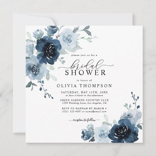 Dusty Blue Elegant Navy Botanical Bridal Shower Invitation