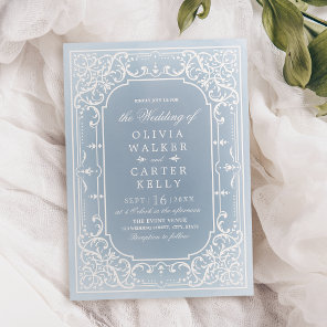 Dusty blue elegant ornate romantic vintage wedding invitation