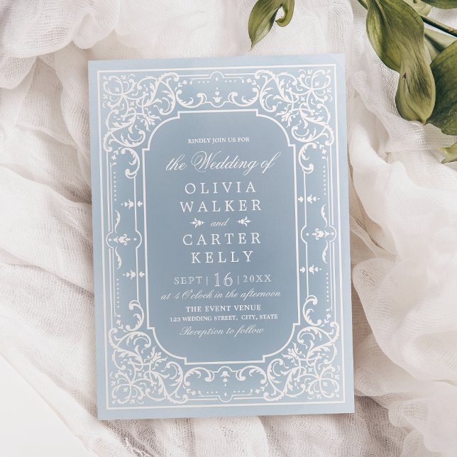 Dusty blue elegant ornate romantic vintage wedding invitation (Dusty blue elegant ornate romantic vintage wedding invitation)