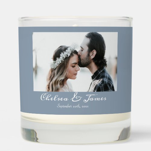 Dusty Blue Elegant Photo Calligraphy Name Date  Scented Candle