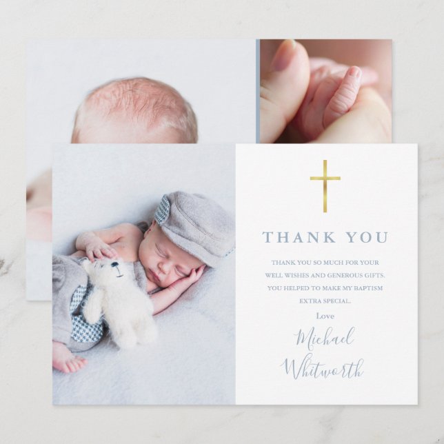 Dusty Blue Elegant Photo Collage Script Baptism Thank You Card (Front/Back)