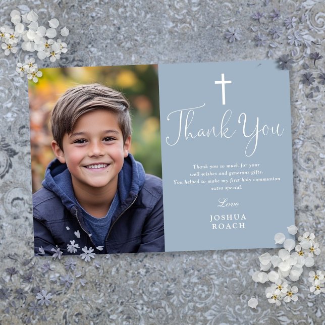 Dusty Blue Elegant Photo First Holy Communion Thank You Card (Dusty Blue Elegant Photo First Holy Communion Thank You Card)