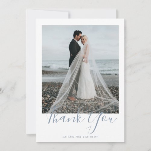 Dusty Blue Elegant Photo Wedding Thank You Card