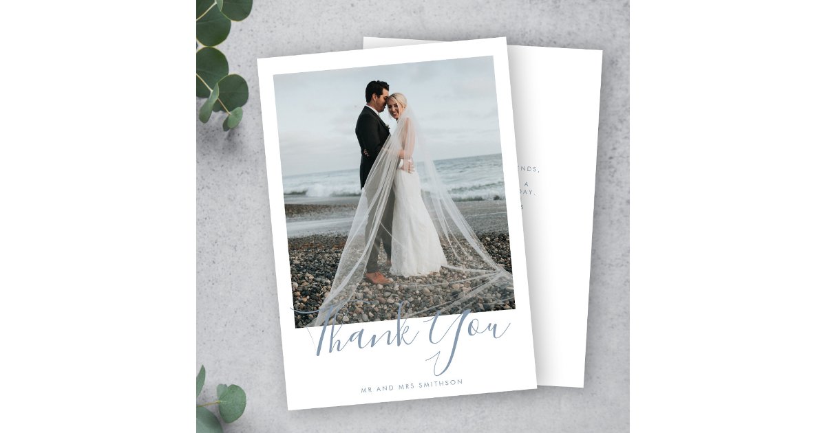 Dusty Blue Elegant Photo Wedding Thank You Card | Zazzle