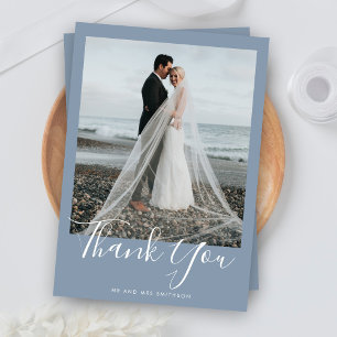 Dusty Blue Elegant Photo Wedding Thank You Card