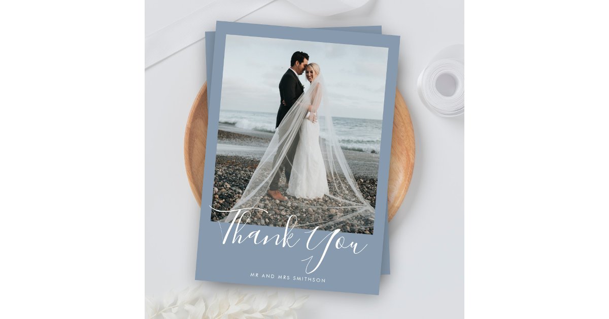 Dusty Blue Elegant Photo Wedding Thank You Card | Zazzle