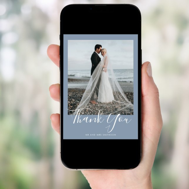 Dusty Blue Elegant Photo Wedding Thank You Card (Front Digital)