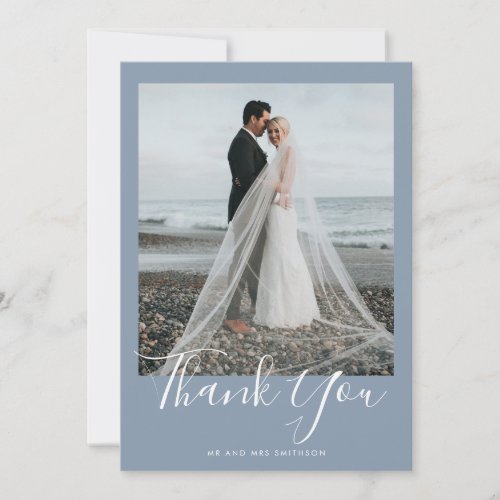 Dusty Blue Elegant Photo Wedding Thank You Card