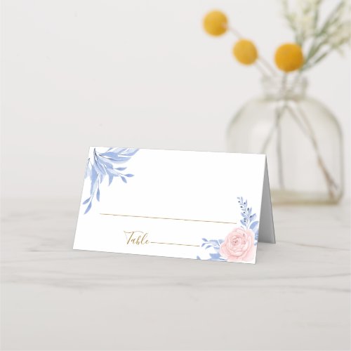 Dusty Blue Elegant Pink Floral Rustic Wedding Place Card