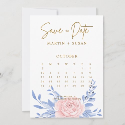 Dusty Blue Elegant Pink Floral Rustic Wedding Save The Date