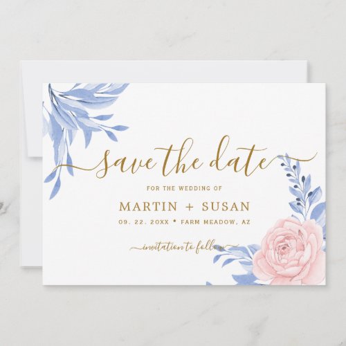 Dusty Blue Elegant Pink Floral Rustic Wedding Save The Date