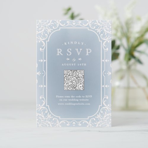 Dusty blue elegant romantic vintage QR code RSVP Card