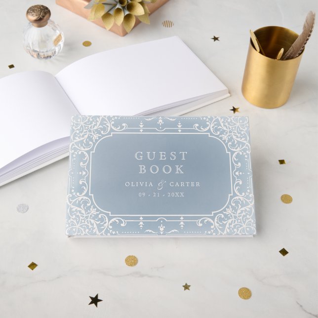 Dusty blue elegant romantic vintage wedding guest book (Front Open)