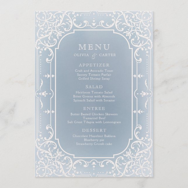 Dusty blue elegant romantic vintage wedding menu (Front)