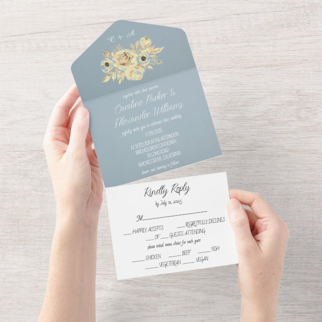 Dusty Blue Elegant Rustic Floral Unique All In One All In One Invitation (Tearaway)