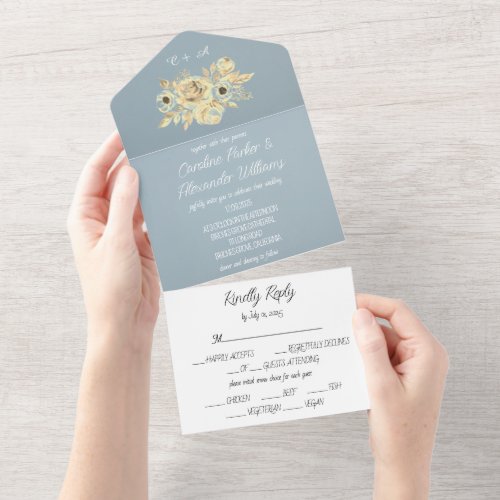 Dusty Blue Elegant Rustic Floral Unique All In One All In One Invitation