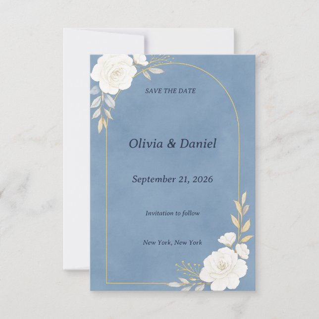 Dusty Blue Elegant Save the Date Card (Front)